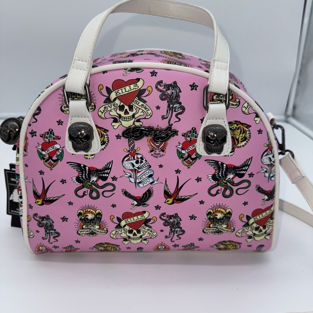 Ed Hardy Tattoo Women’s Skull & Roses Print Pink WeekenderCrossbodyShoulder Bag